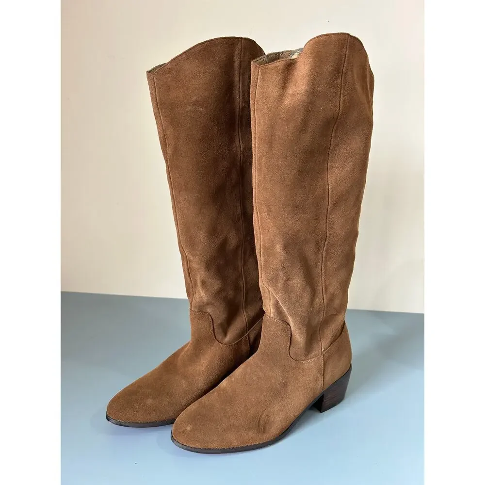 Twiggy London brown suede tall boots womens 11 small heel pull on some flaws - Picture 2 of 11